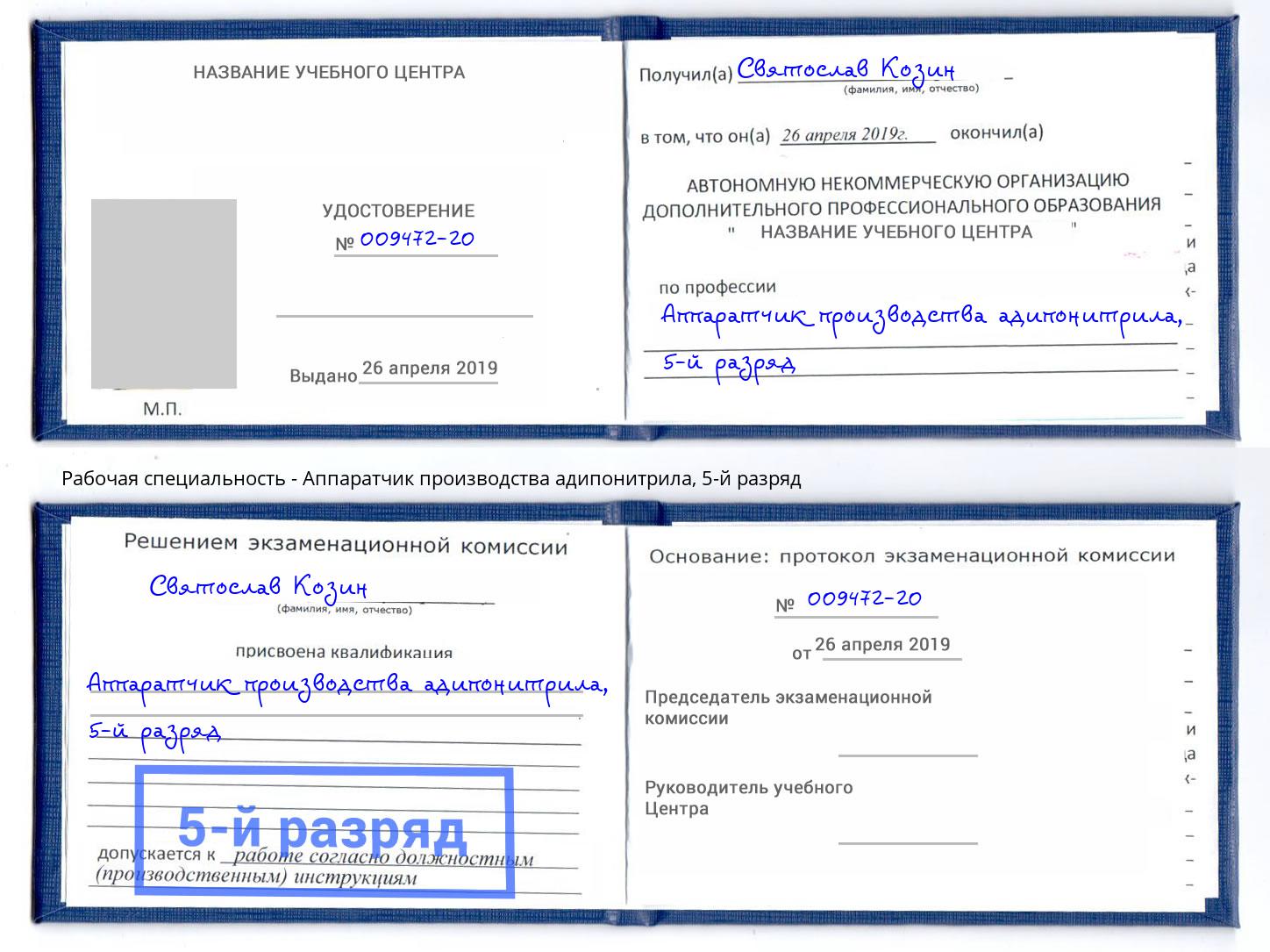 корочка 5-й разряд Аппаратчик производства адипонитрила Сыктывкар