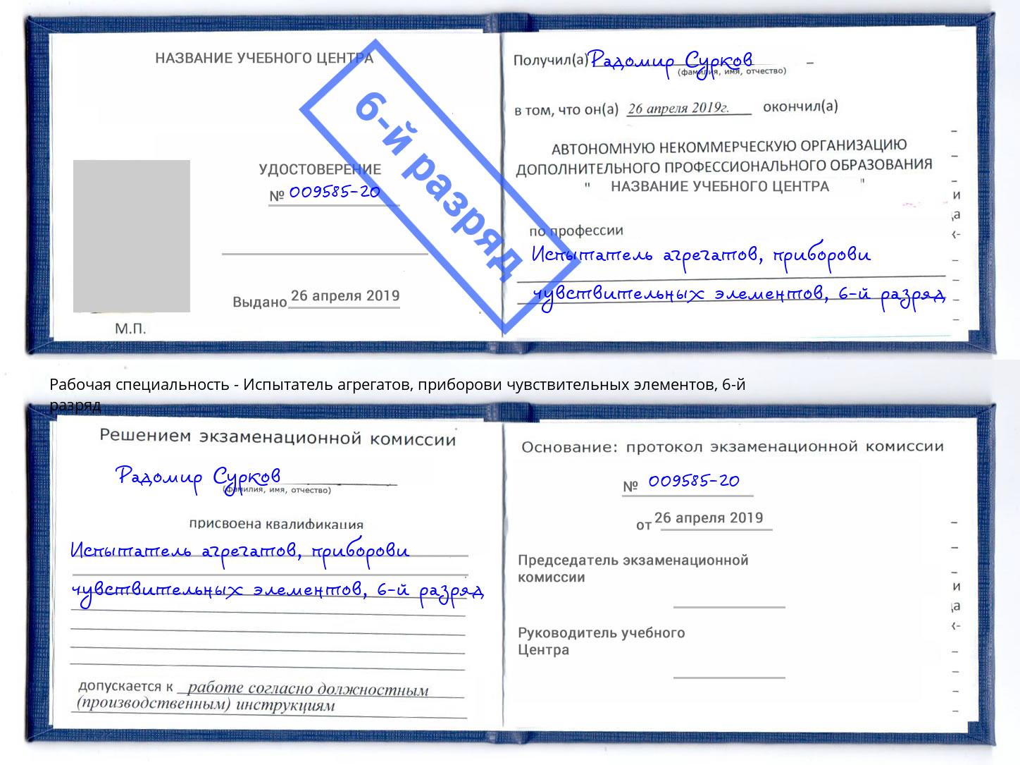 корочка 6-й разряд Испытатель агрегатов, приборови чувствительных элементов Сыктывкар