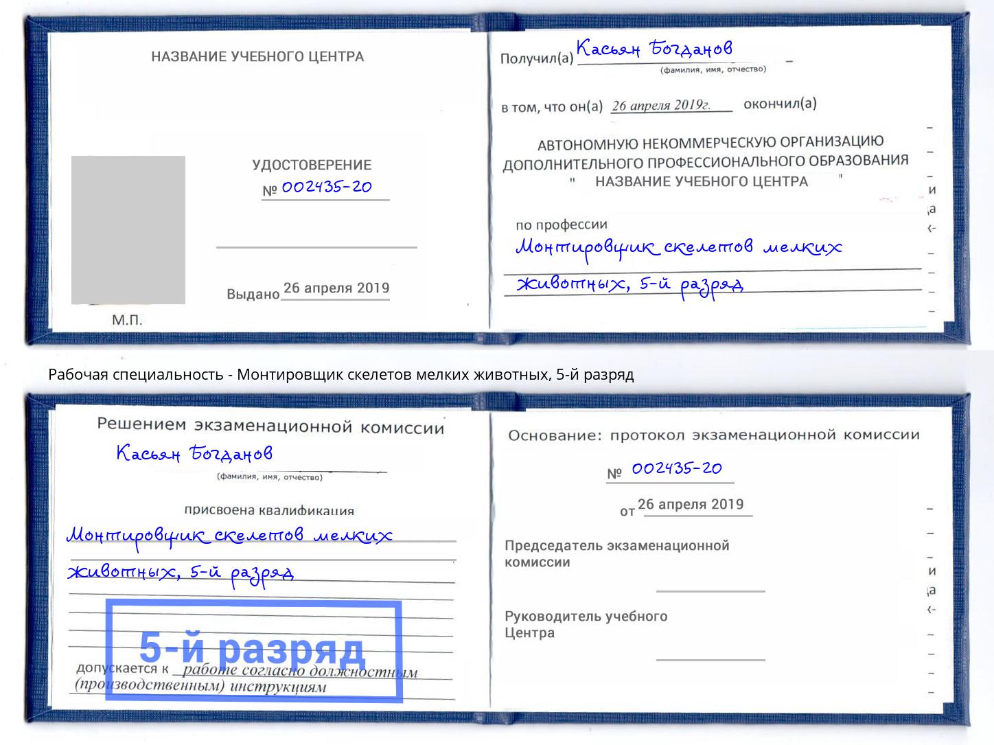корочка 5-й разряд Монтировщик скелетов мелких животных Сыктывкар