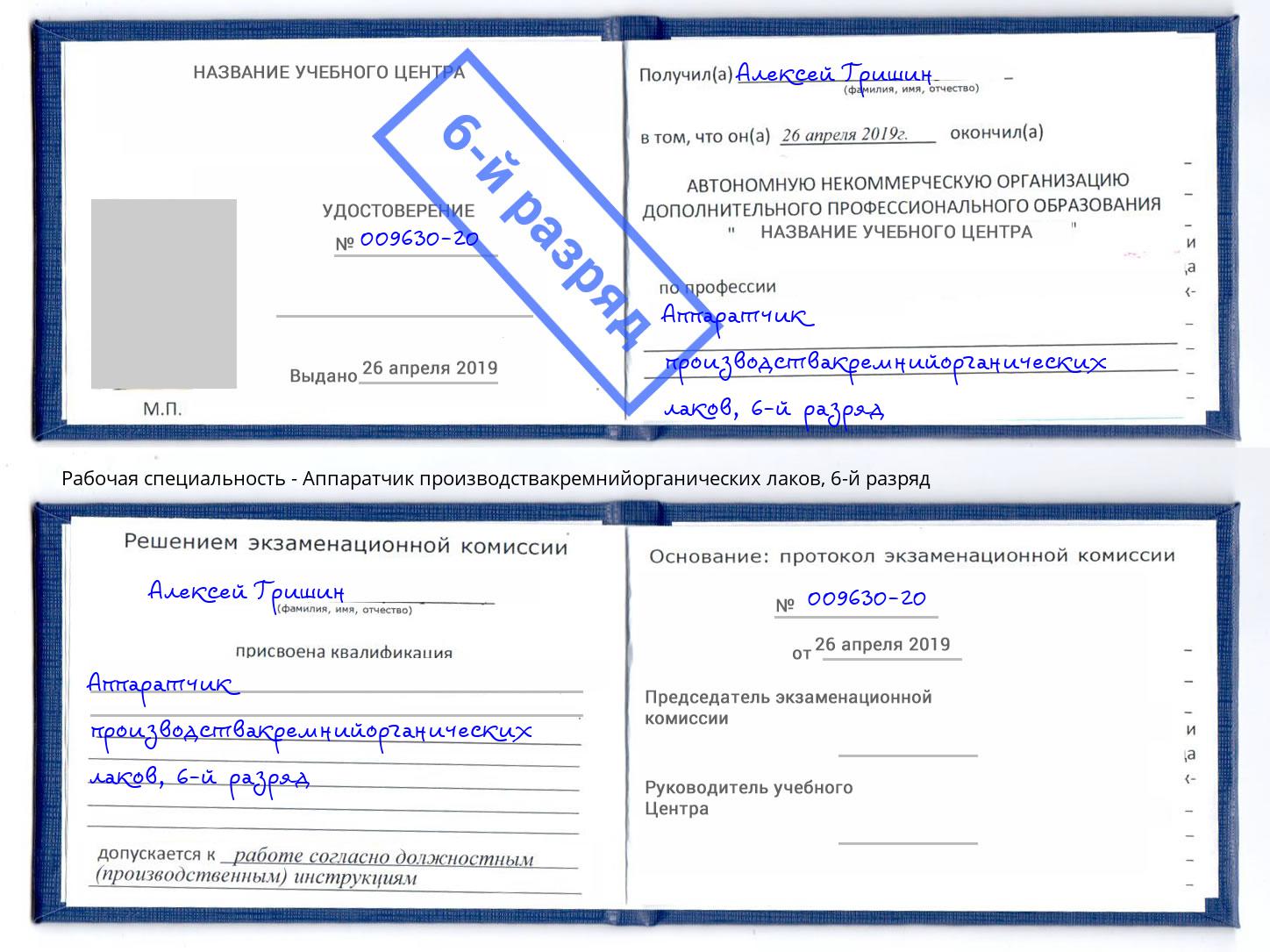 корочка 6-й разряд Аппаратчик производствакремнийорганических лаков Сыктывкар