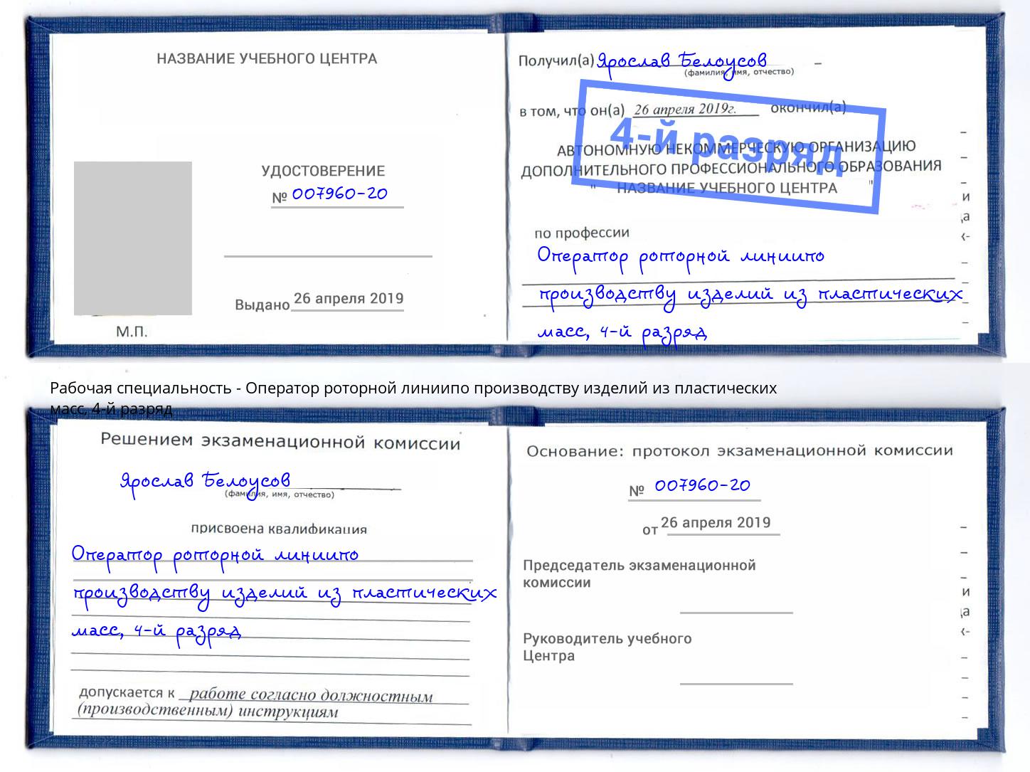 корочка 4-й разряд Оператор роторной линиипо производству изделий из пластических масс Сыктывкар