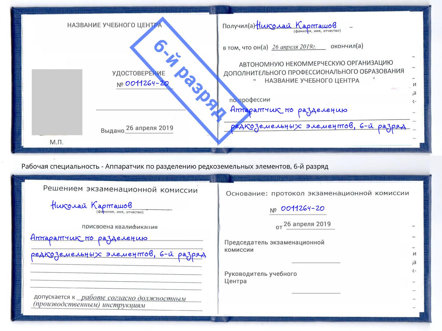 корочка 6-й разряд Аппаратчик по разделению редкоземельных элементов Сыктывкар