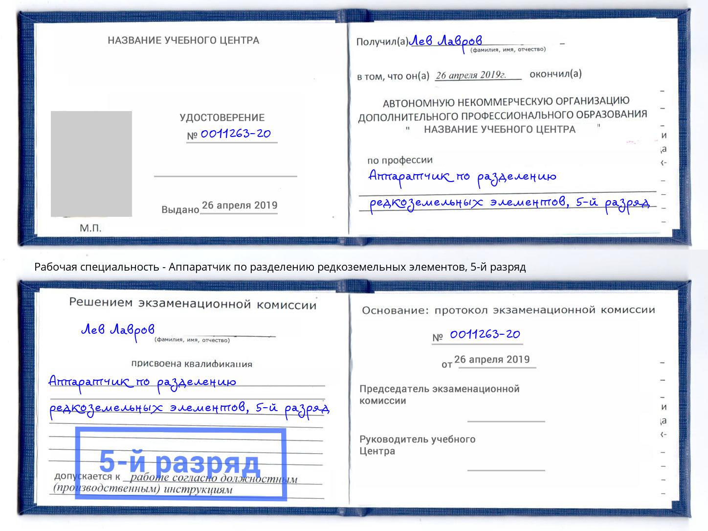 корочка 5-й разряд Аппаратчик по разделению редкоземельных элементов Сыктывкар